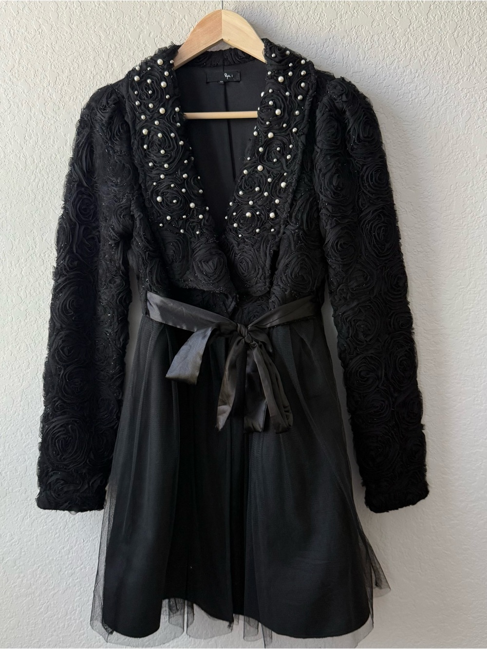 Ryu Black Rosette Blazer with Pearl-Embellished Collar and Satin Tie